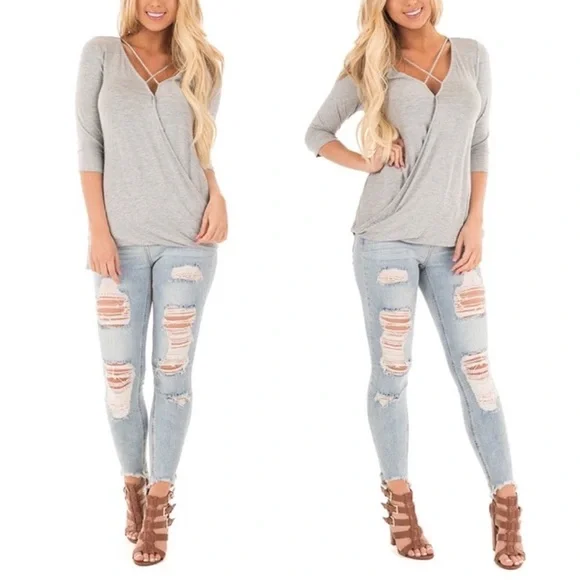 Strappy Cross Front High Low Super Soft 3/4 Sleeve Knit Top - Picture 3 of 8